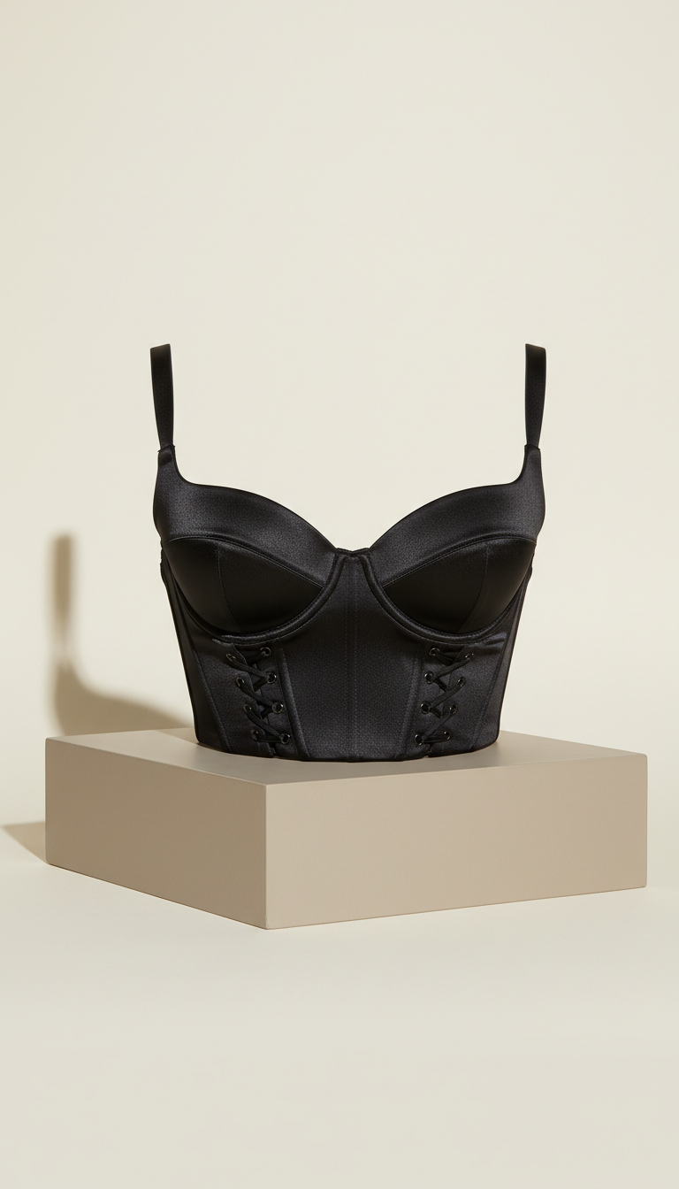 Matte black structured satin bra