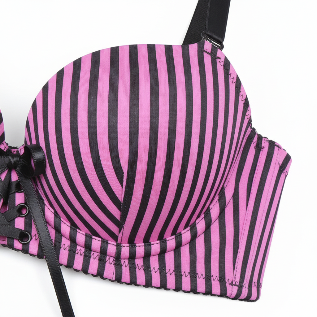 Pink & Black Stripe Corset Bra - Close Up